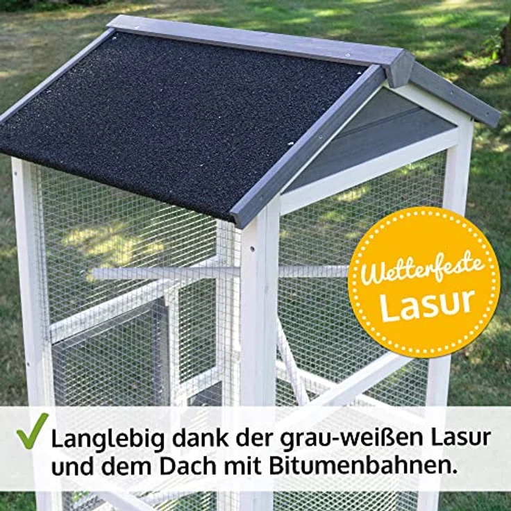 Zooprinz Vogelvoliere Apollo XL, wetterfestes Kiefernholz mit Bitumendach, Kotschublade, 12 mm Maschenweite, inkl. Sitzstangen, 122 x 177 x 58 cm – Bild 4