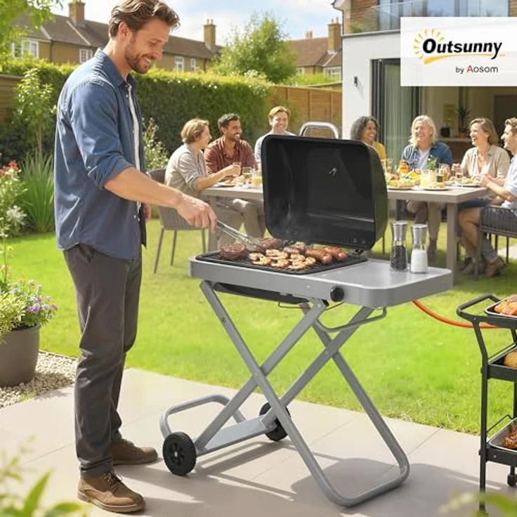 Outsunny Tragbarer Gasgrill 1 Brenner 2,5kW mit Faltbarem Rollwagen, Grillrost, Thermometer und Fettauffangschale, ideal für BBQ und Camping – Bild 2