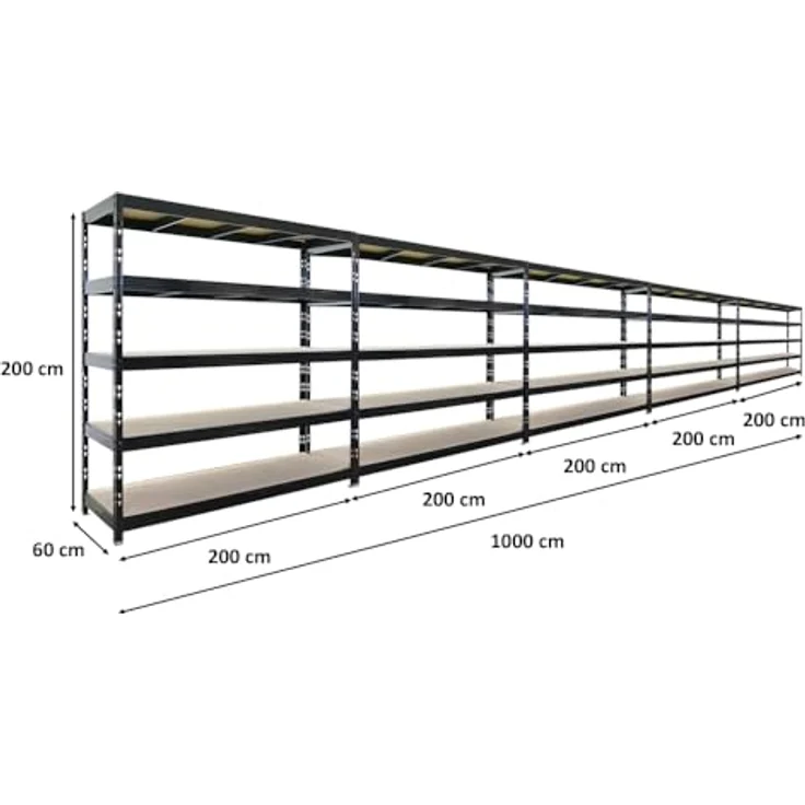 Proregal Schwerlastregal Mega Deal Profi RHINO, H200 x B200 x T60 cm, 5 Böden, Traglast 500 kg pro Boden, Schwarz – Bild 2