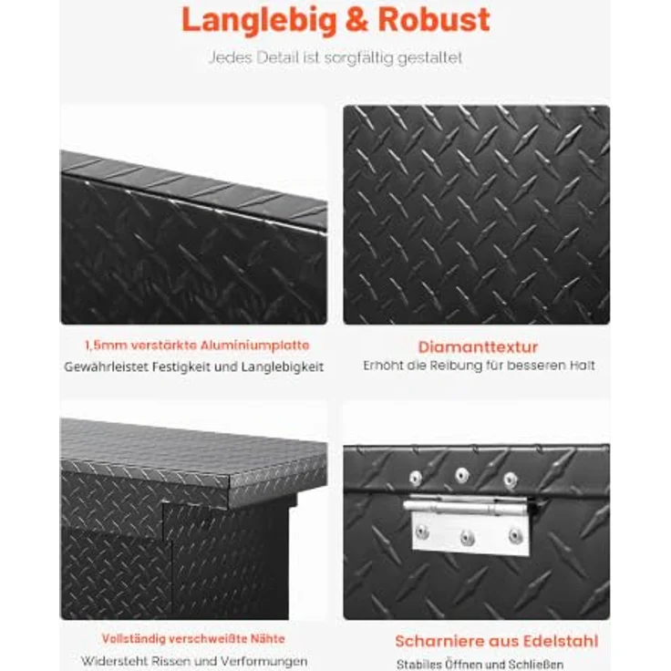 VEVOR Crossover Lkw Werkzeugkasten, abschließbare & wasserdichte Aluminium Truckbox mit Diamantstruktur, 1771 x 304 x 366 mm, schwarz – Bild 3