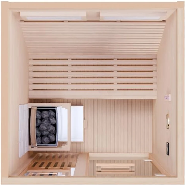 Dewello Sauna MINTO 120x120 Finnische Sauna, 2 Personen, Saunaofen, Harvia 3,5KW, BxTxH: 120 x 120 x 190 cm, Holzoptik – Bild 7