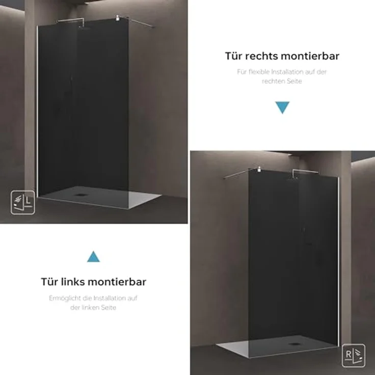 doporro Walk-in-Dusche Duschwand für Dusche in Schwarz mit Nano Glas, Einscheibensicherheitsglas - Design Duschwand Bremen, Vollgrau, variabler Wandabstand 700-1200 mm – Bild 9
