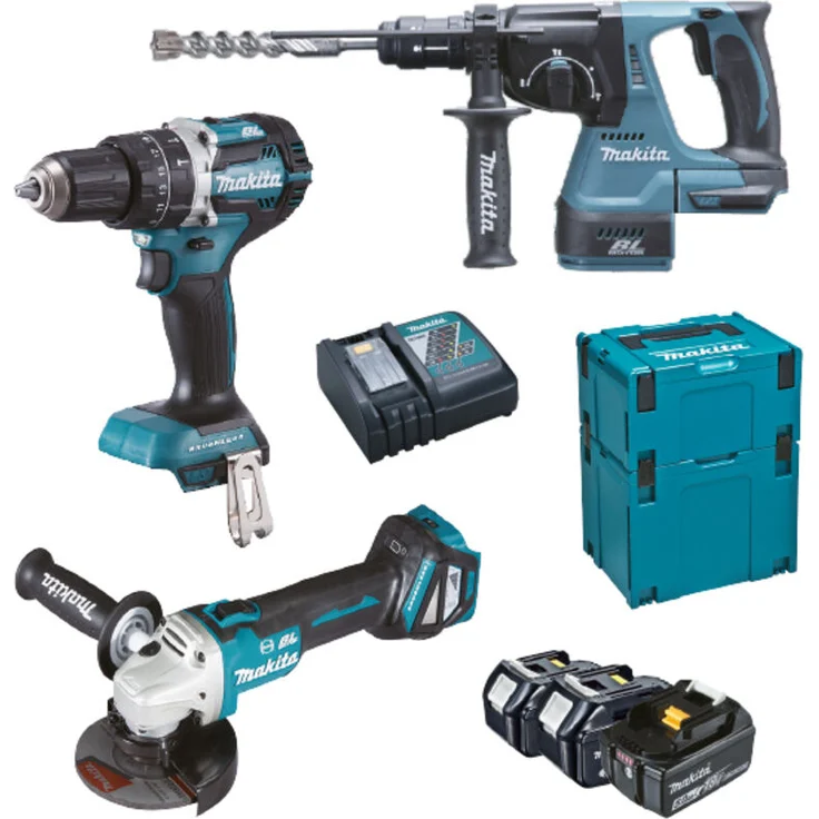 Makita DLX3119TJ Elektrowerkzeug-Set, 18 V, 5 Ah, bestehend aus Bohrschrauber, Schleifmaschine und Bohrhammer, bürstenlos