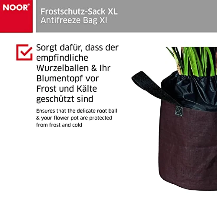 NOOR Frostschutz-Sack XL 55 x 45 cm mit eingenähter Isolierfolie I Frostschutzhaube für Topf-Pflanzen mit Zugband & Tragegriffen I Winterschutz für Pflanzen-Überwinterung von Kübelpflanzen I Braun – Bild 2