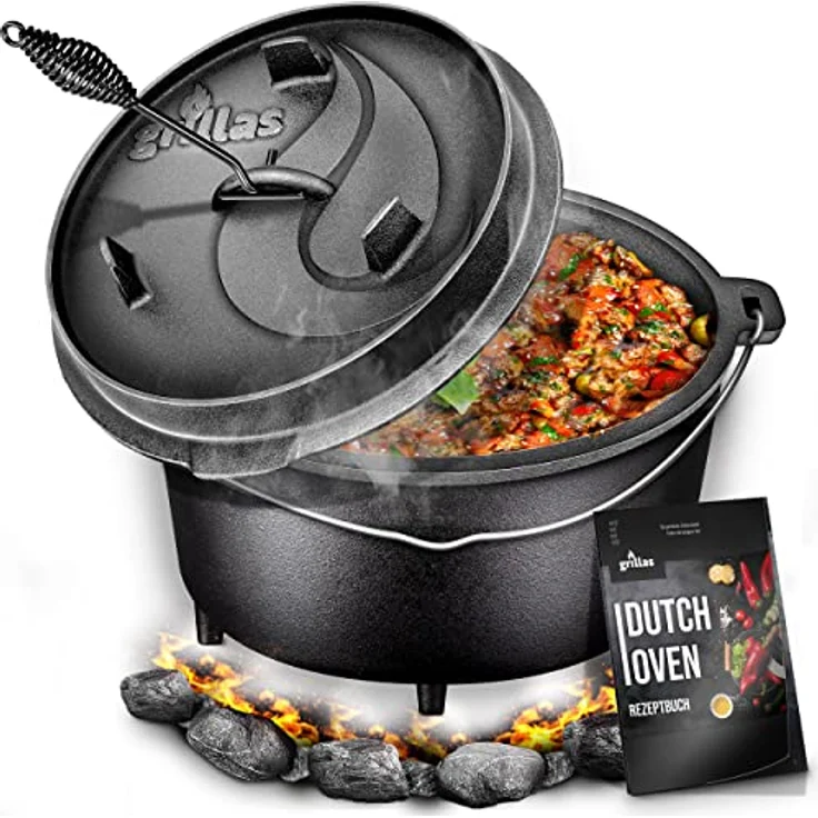 grillas Dutch Oven Set 4,2 Liter - Topf mit Füße Deckelheber BBQ Gusseisen Feuertopf Gusstopf Schmortopf – Bild 1