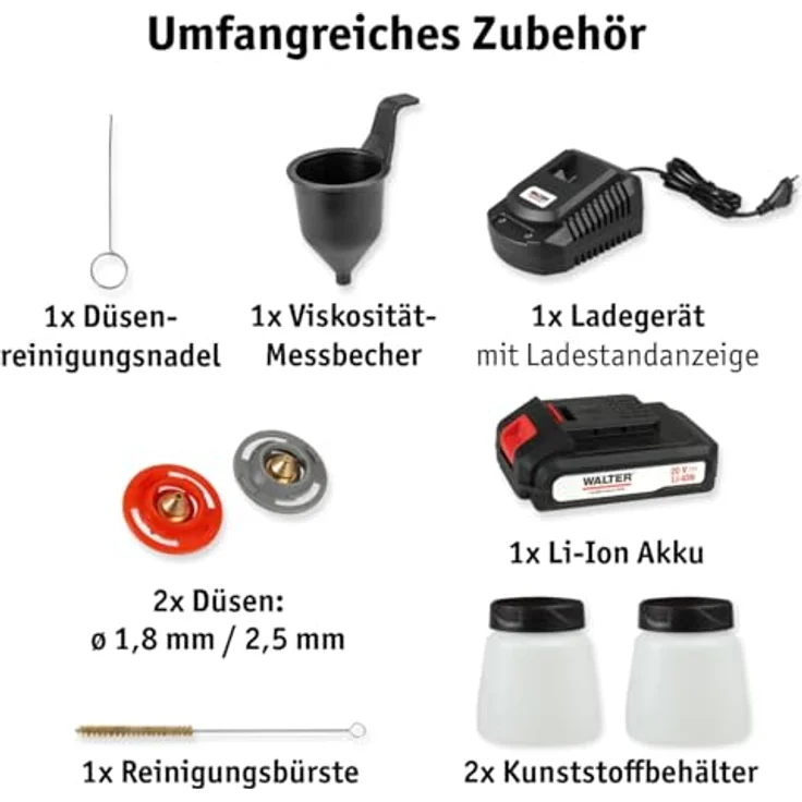 WALTER Farbsprühgerät Farbsprühsystem 20 V, 10-tlg Set mit 2 Sprühaufsätzen, 2 Behältern & Akku für DIY-Projekte – Bild 7