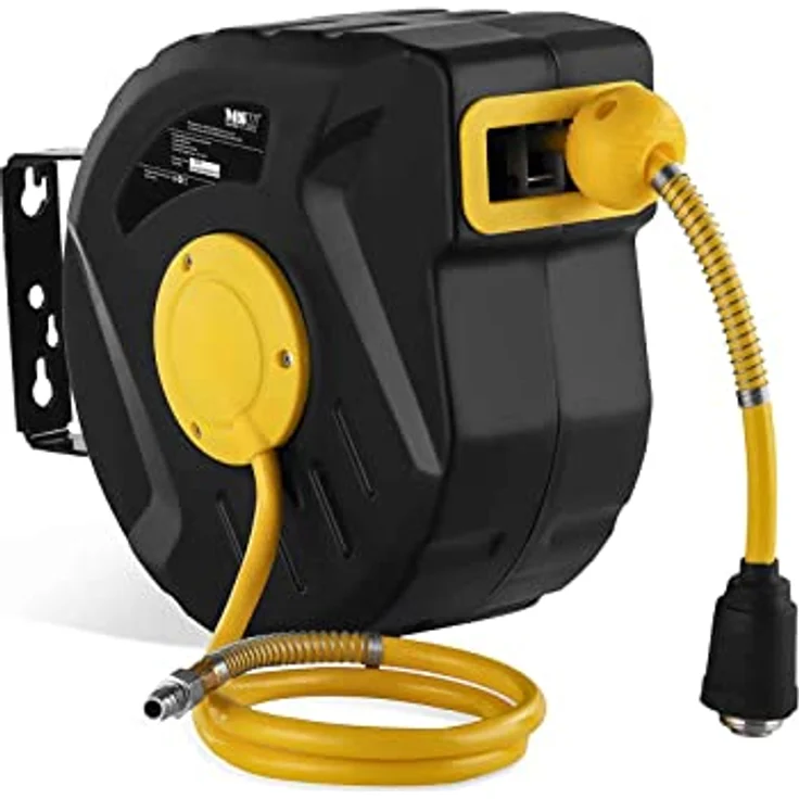 MSW Schlauchtrommel Druckluftschlauch Aufroller Schlauch Automatik Schlauchtrommel 10m, automatische Aufroll-Automatik, 180° drehbar, 8 bar, weiß – Bild 2