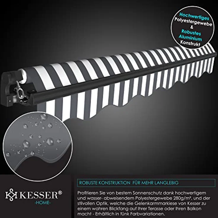 KESSER Gelenkarmmarkise manuelle Markise Gelenkmarkise Terrassenmarkise Klemmmarkise Sonnenmarkise inkl. Wandhalterung Sonnenschutz Balkonmarkise wasserabweisender Alu-Polyester 250 x 200 cm, Weiß - Anthrazit – Bild 9