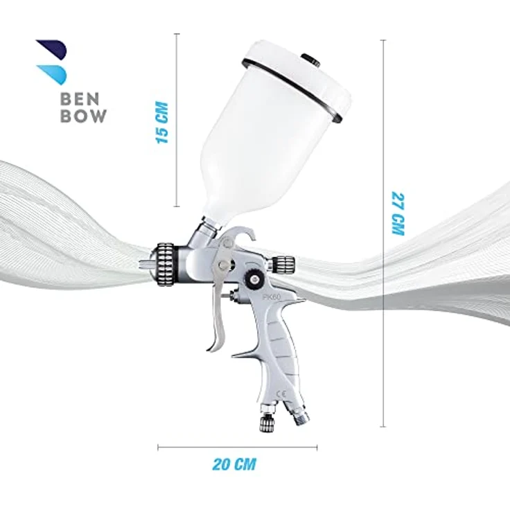 BenBow Lackierpistole PK60 HVLP 1,4 mm Düse + 600 ml Fließbecher - ideal für Autolackierung, DIY-Projekte - hochwertige Sprühqualität - Druckluft-Spritzpistole – Bild 3