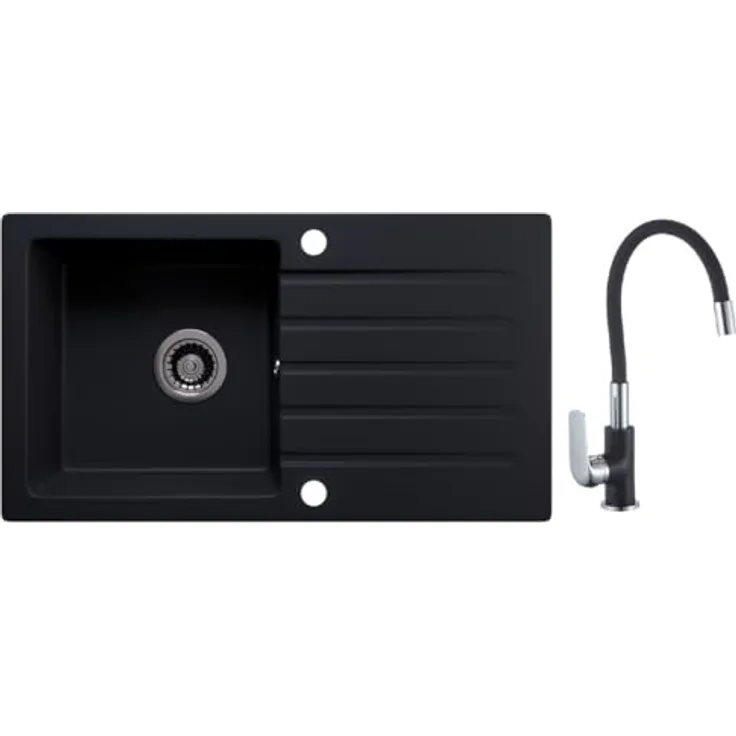 Lindbergh Spülen Rein Schwarz Granit Spüle "MEG44" Antibakteriell + Siphon Küchenspüle mit Imprägnierung - MADE IN GERMANY (4. Spüle MEG44 + Armatur 1-Tubo)
