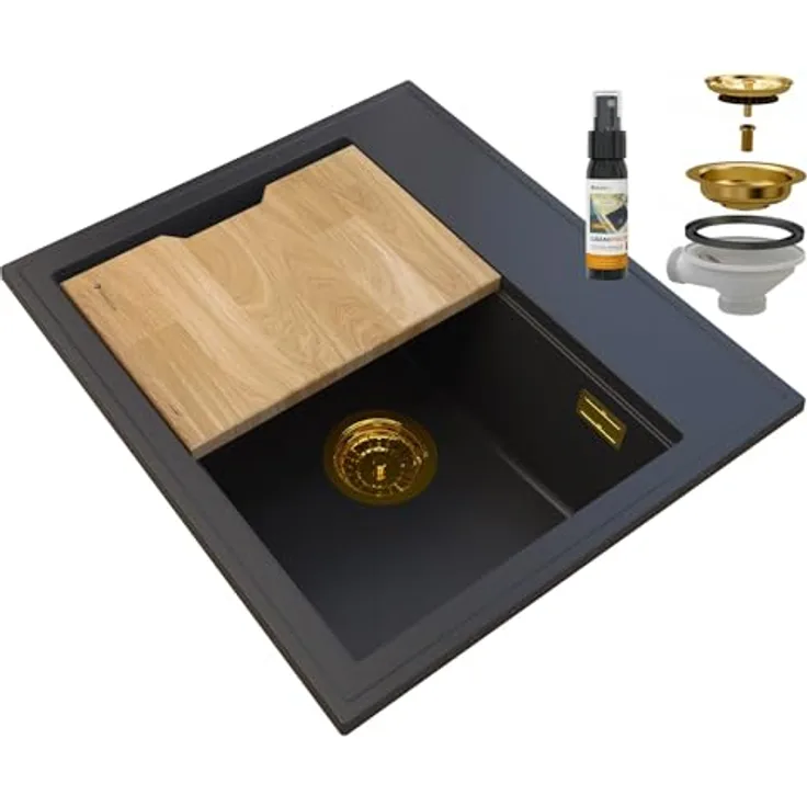 Granitan Granitspüle FOXAL Küchenspüle, Temperaturwechselbeständig, große Beckentiefe 19,5cm, Platzsparend, 55,5 x 46,5 cm, GraniProtect Imprägnierung 30ml, Holzspülenbrett, Chrom Handsiphon