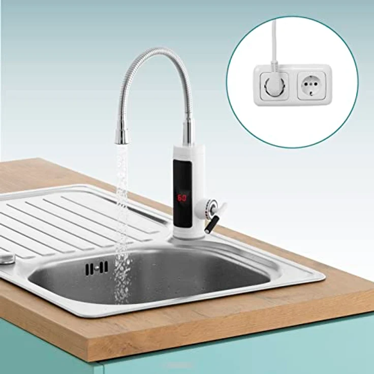 EASYmaxx Warm- & Kaltwasserarmatur mit Durchlauferhitzer, digitale LED-Temperaturanzeige, ideal für Werkstatt, Garage, Camping, Garten und Terrasse, Weiss/Edelstahl – Bild 5