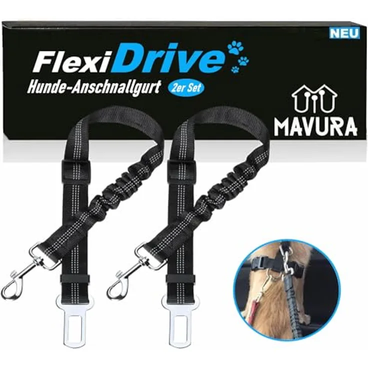 FlexiDrive Hunde Auto Sicherheitsgurt elastisch verstellbar, KFZ Hundegurt mit Rückdämpfung schwarz [2er Set] - Preisvergleich