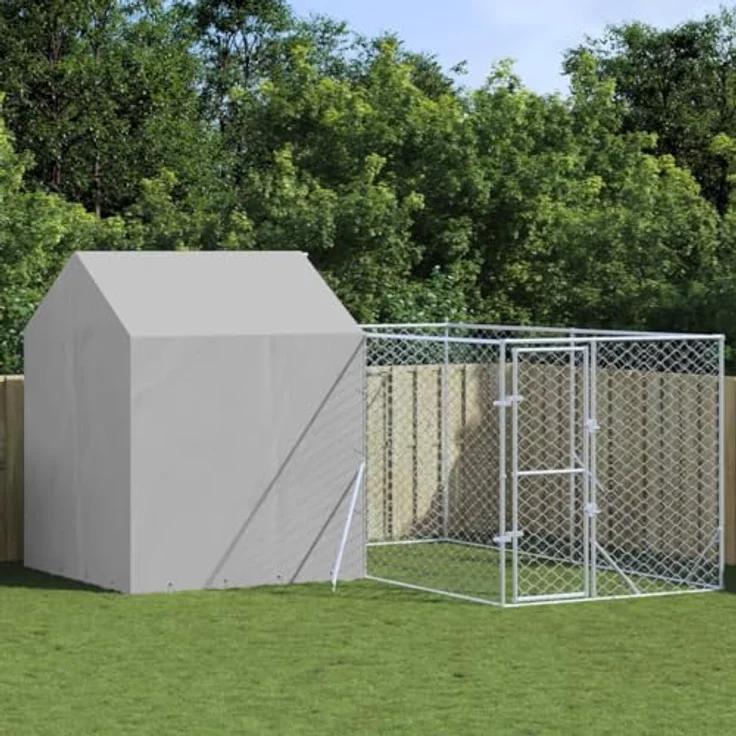 vidaXL Outdoor Hundezwinger, Hundehütte mit Dach, Hundekäfig für den Außenbereich, Silbern Verzinkter Stahl, abschließbare Tür, wasser- und UV-beständiges Material – Bild 2