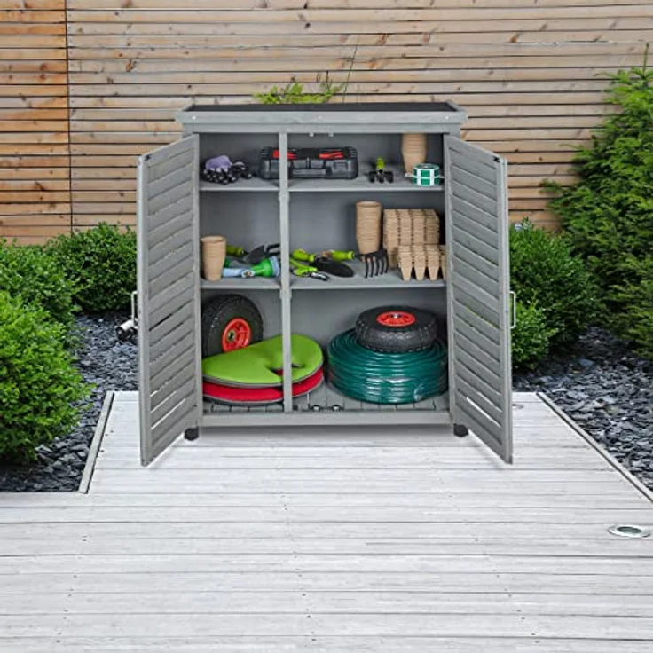 Relaxdays Gartenschrank, 3 Fächer, Flachdach mit Neigung, Doppeltür, HBT: 97 x 86,5 x 47 cm, Werkzeugschrank, Holz, grau, 80% – Bild 2