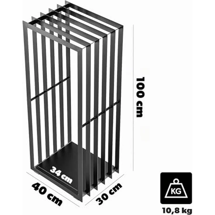KADAX Kaminholzgestell, pulverbeschichteter schwarzer Stahl, modernes Design im skandinavischen Stil, 30 x 40 x 100 cm – Bild 3