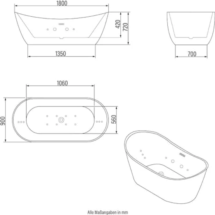 HOME DELUXE Badewanne OVALO PLUS 180 x 90 x 72 cm, freistehend mit Whirlpoolfunktion und Farblichttherapie – Bild 8