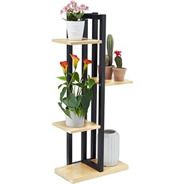 Relaxdays Blumenregal Metall, 4-stufige Indoor Blumentreppe, Holzoptik, HxBxT: 93x42,5x22,5 cm, Pflanzenregal, hellbraun – Bild 1