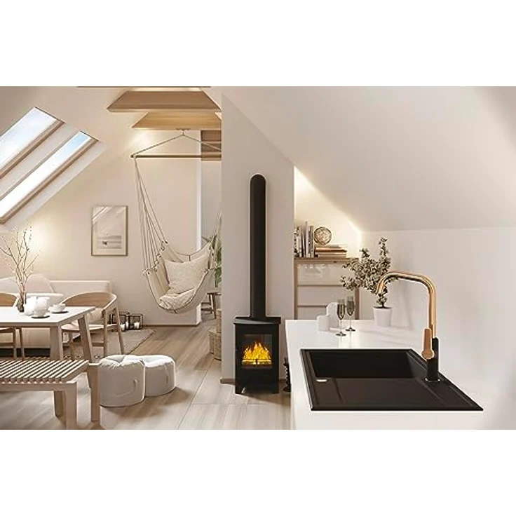KOLMAN Granitspüle 44x67 cm HUNTER Spülbecken Einzelbecken Schwarz mit Space Saving Siphon, tiefes Becken für große Töpfe und Backbleche – Bild 2