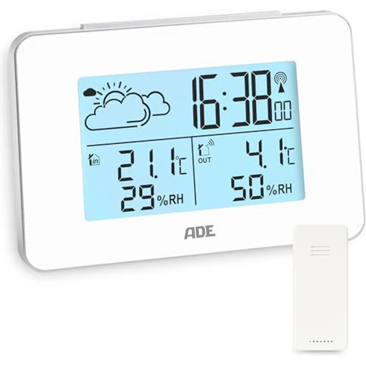 ADE WS2136 Digitale Wetterstation Funk mit Außensensor | Innen und Außentemperatur | Luftfeuchtigkeitsmesser | animierte Wettervorhersage | Funkwecker mit Schlummerfunktion | weiß – Bild 1