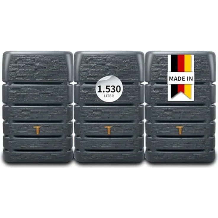 4rain Slim Stone Decor Regentonne Mauertank-Set 1530 Liter, wetterfester Wassertank in Graphite Grey mit flexiblen Anschlussmöglichkeiten – Bild 1