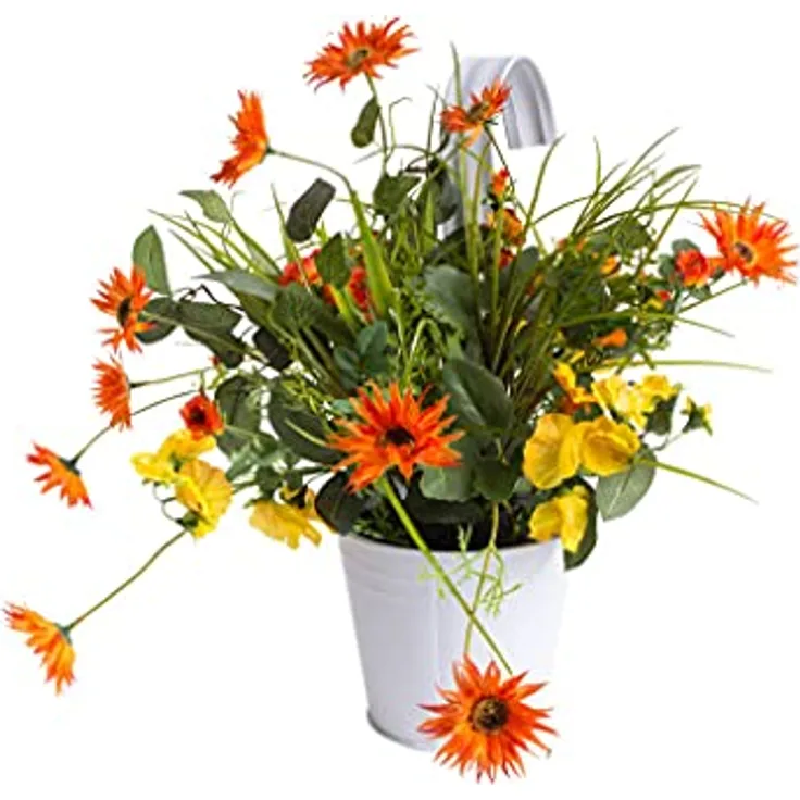 Botanic-Haus künstliches Sommerblumen Arrangement (Blumenbouquet) im weißen Metallhängetopf (orange-gelb)