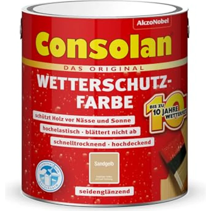 Consolan Holzschutzlasur Wetterschutz-Farbe, 2,5 L sandgelb, wetterfest, seidenglänzend, für Außenanwendung – Bild 1