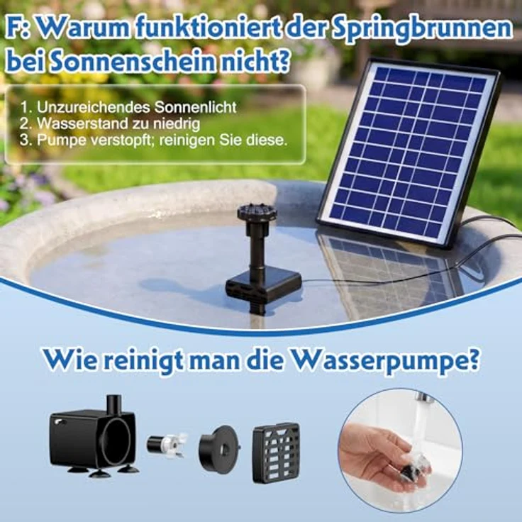 AISITIN 6,5W Solar Springbrunnen mit 1500mAh Batterie, schwimmende Fontäne mit 10 Düsen für Garten, Vogelbad und Teich – Bild 5