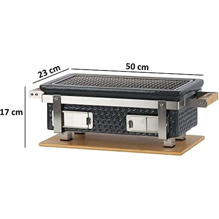 BBQ-Toro Keramik Tischgrill mit Holzunterlage | 50 x 23 x 17 cm | Hibachi Tischgrill ohne Strom | Grau | Minigrill, Tischgrill Holzkohle, Kohlegrill Camping Grill Holzkohle, Mini Grill Holzkohle – Bild 4