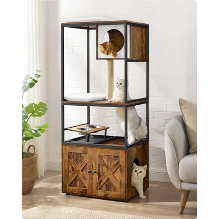 Feandrea Kratzbaum, Katzenbaum, Katzenhaus mit Katzenklo-Schrank, erhöhter Napfständer, Sisalstamm, waschbare Kissen, vintagebraun PCT312X01 – Bild 1