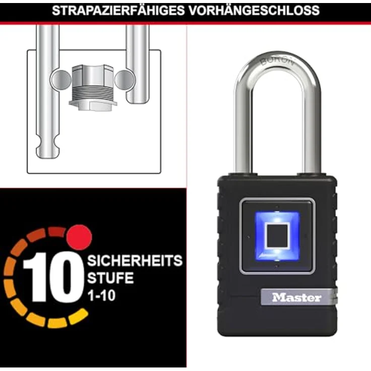 Master Lock 4901EURDLHCC Biometrisches Schwelast-Vorhängeschloss (Wetterfest) (Fingerabdruck-Schloss und Not-Richtungsschloss) (langer Bügel) -Geeignet für Anwendungen im Freien – Bild 5
