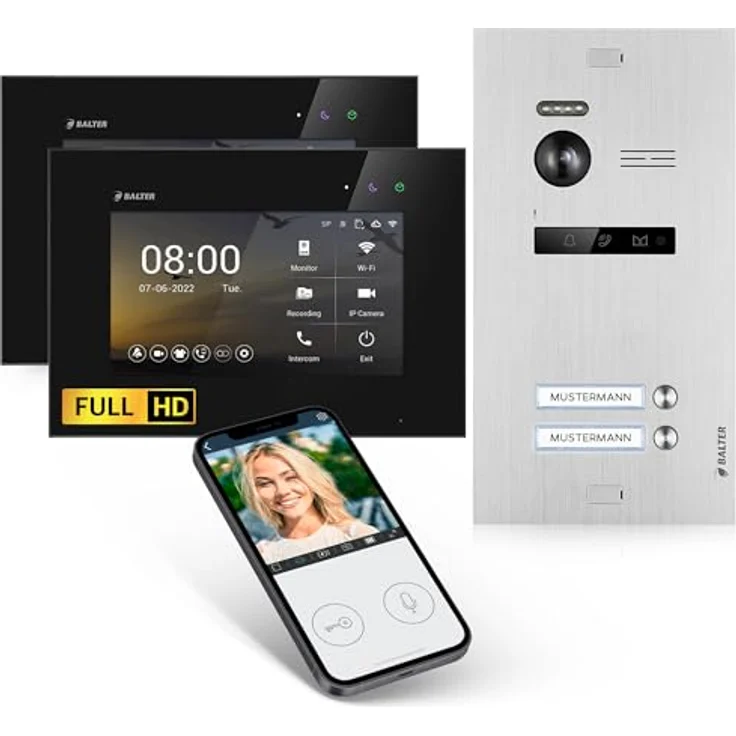 Balter EVO HD Video-Türsprechanlage, Komplettset für Zweifamilienhaus mit 7-Zoll Touchscreen Monitoren, Full HD Kamera und Smartphone App, Silber und Schwarz – Bild 1