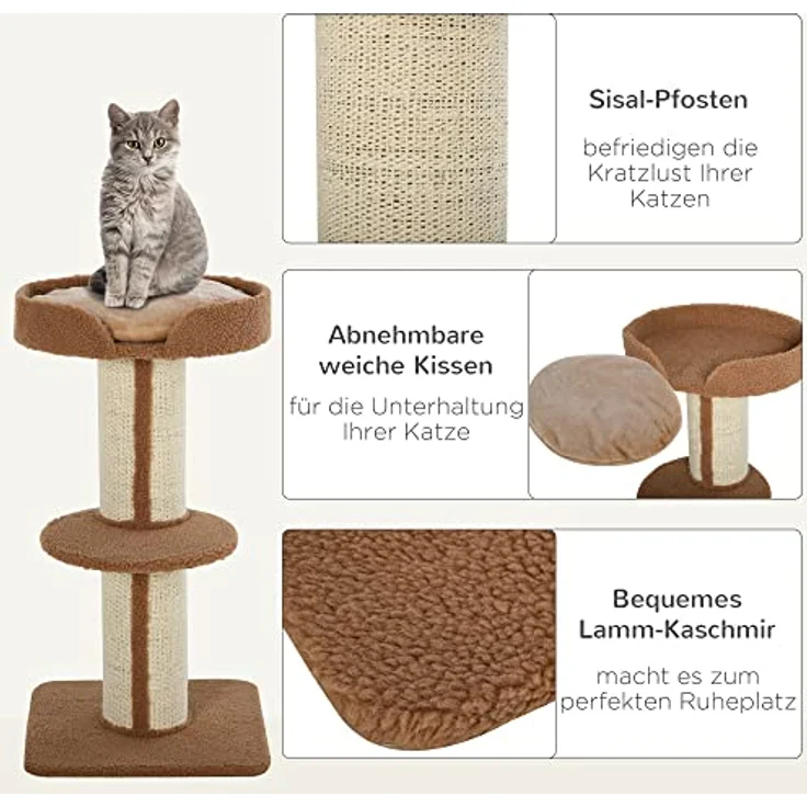 PawHut Katzenbaum Kratzbaum Katzenkratzbaum Spielbaum Kratzstamm mit Plattform Sisal Plüsch Hellbraun 45 x 45 x 91 cm – Bild 5