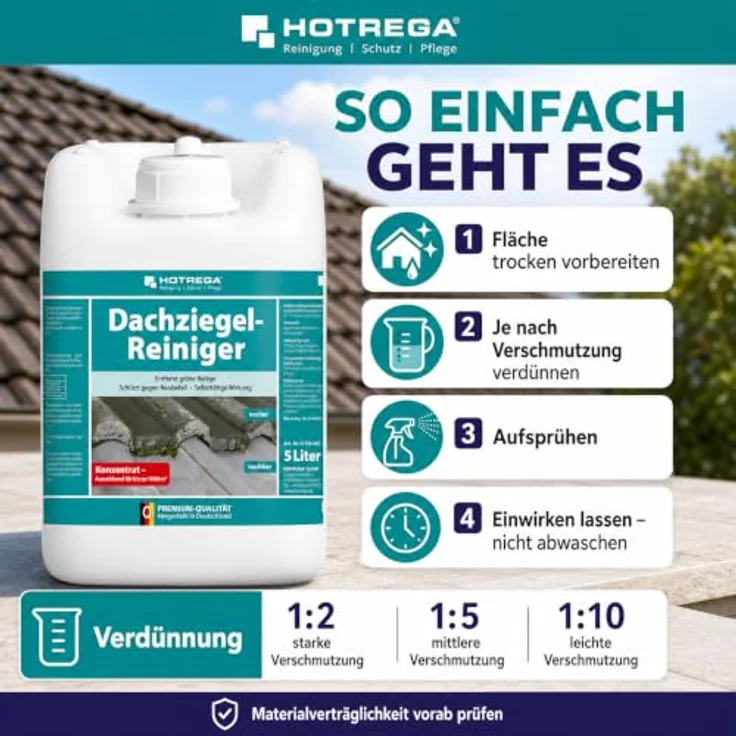 HOTREGA® Dachziegel Reiniger 5L, biologisch abbaubarer Grünbelagentferner für Beton-, Ton- und glasierte Dachziegel, säure- und chlorfrei, selbsttätig mit Langzeit-Schutz – Bild 5