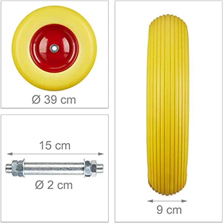 Relaxdays Schubkarrenrad Vollgummi mit Achse, 4.80 4.00-8 Gummirad, pannensicher, 100 kg Tragkraft Ersatzrad, gelb-rot – Bild 5