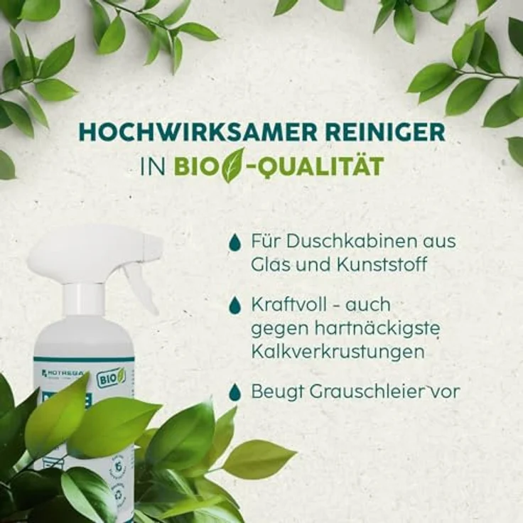 HOTREGA® Duschreiniger Kalkentferner, Glasreiniger für hygienisch saubere Duschkabinen, entfernt Kalk & Seifenreste, mit Abperleffekt und Frischeduft – Bild 2