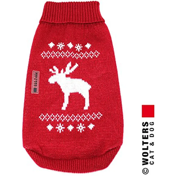 Wolters | Strickpullover mit Elch für Mops&Co in Rot/Weiß | Rückenlänge 40 cm