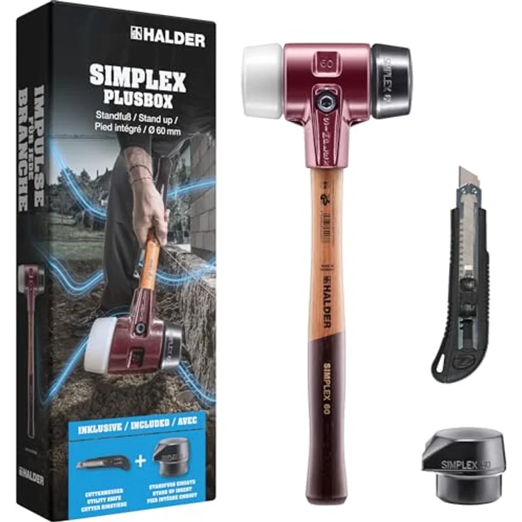 HALDER Simplex-Plusbox Starterkit, Simplex-Schonhammer D60, Gummikomposition/Superplastik mit Tempergussgehäuse, ergonomischem Holzstiel und Standfuß, inkl. Cuttermesser | 3027s027 – Bild 1