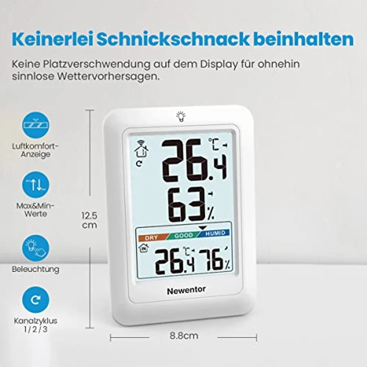 Newentor MAX MIN Thermometer Innen und Außen, Hygrometer mit Luftkomfortanzeige, Funk Wetterstation mit 1 Außensensor, Weiß, VA-Display mit Beleuchtung – Bild 2