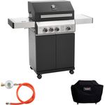 TAINO Gasgrill BLACK 3+1, Gasgrill mit Abdeckhaube und Gasdruckminderer mit Schlauch, Edelstahl-Brenner, Keramik Sear-Burner, Seitenkocher