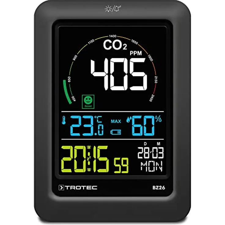 TROTEC CO2-Luftqualitätsmonitor BZ26 Thermometer CO²-Messer Anzeige von CO₂-Werten Raumtemperatur Luftfeuchtigkeit Datum und Uhrzeit Messbereich -9,9°C bis 60°C / 20% bis 95% CO²-Ampel