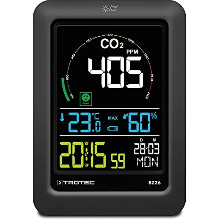 TROTEC CO2-Luftqualitätsmonitor BZ26 Thermometer CO²-Messer Anzeige von CO₂-Werten Raumtemperatur Luftfeuchtigkeit Datum und Uhrzeit Messbereich -9,9°C bis 60°C / 20% bis 95% CO²-Ampel – Bild 1