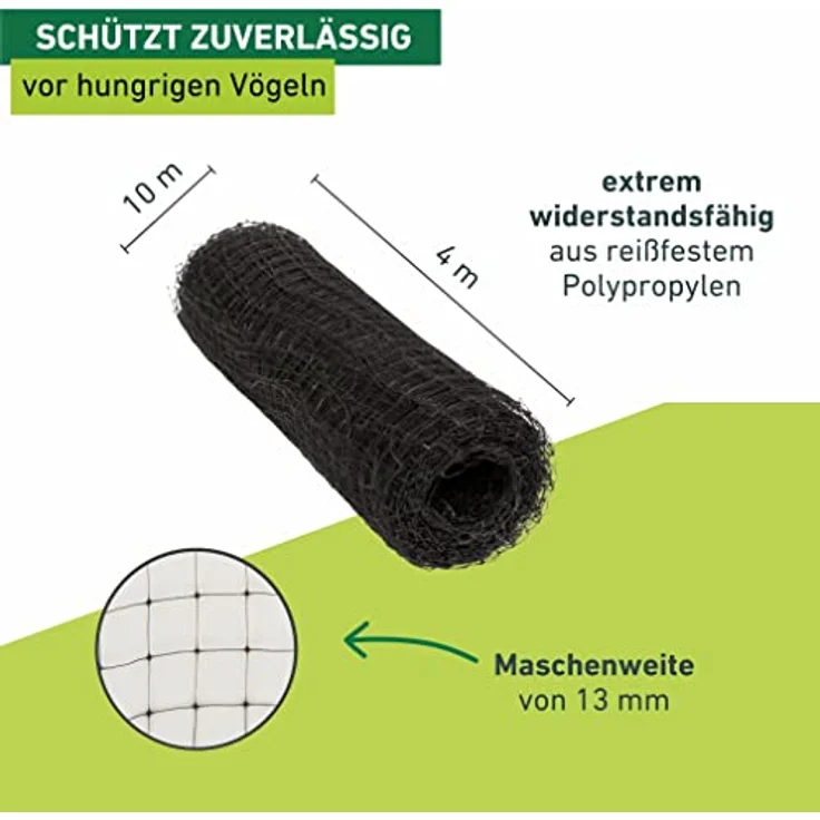 Windhager Vogelschutznetz Vogelabwehrnetz Baumnetz Ortonet schützt Obstbäume vor Vogelfraß, Maschenweite 13 x 13 mm, Größe 10 x 4 m, schwarz, 06014 – Bild 3