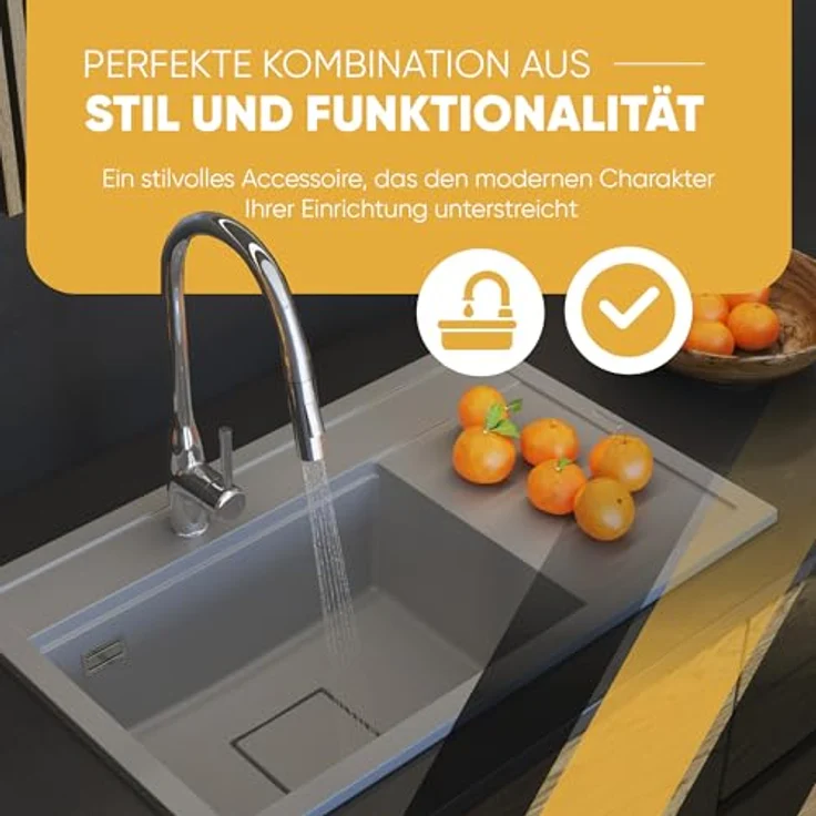 Granitan Spülbecken RENDO 81x50,5x22 cm - Hitzebeständig und leicht zu reinigen - Einbauspüle mit Abtropffläche und Siphon - Schwarz – Bild 5
