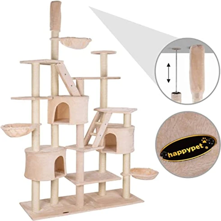 HAPPYPET Großer Kratzbaum deckenhoch XXL 240-260 cm höhenverstellbar - Großer katzenbaum, XXL Kletterbaum für mehrere Katzen, stabile Säulen, Liegemulden, Häuser, mit Zubehör, Beige – Bild 5