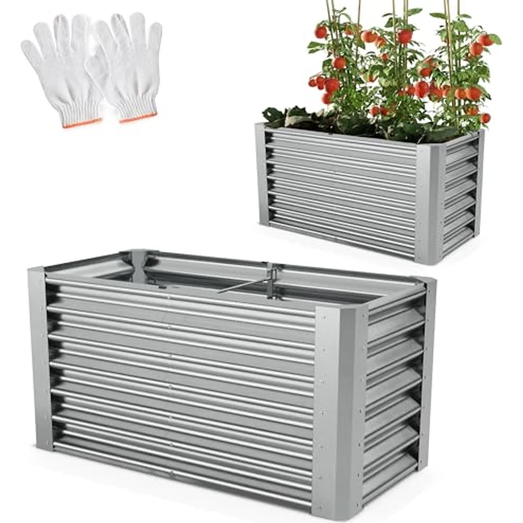 Onbest Metall Hochbeet XXL, stabil und wetterfestes Gemüsebeet/Kräutergarten aus Stahl, Silber, 120x60x60cm, pflegeleicht mit Zubehör – Bild 1