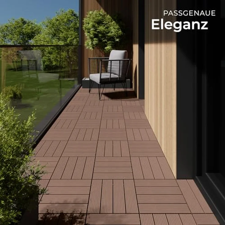 tectake Terrassenfliesen Tegulas, 11-teiliges WPC-Fliesenset, 1,0571 m², Klicksystem, Holzdesign, rutschfest, frostsicher – Bild 7