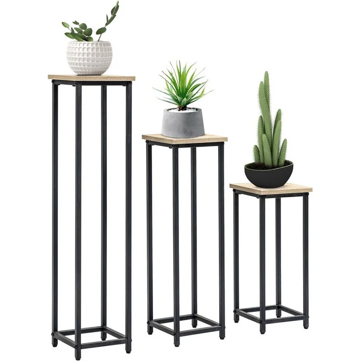Outsunny Blumenständer im Industriedesign, 3er Set aus Stahl und Holzoptik, für Garten und Balkon, Schwarz+Natur – Bild 1
