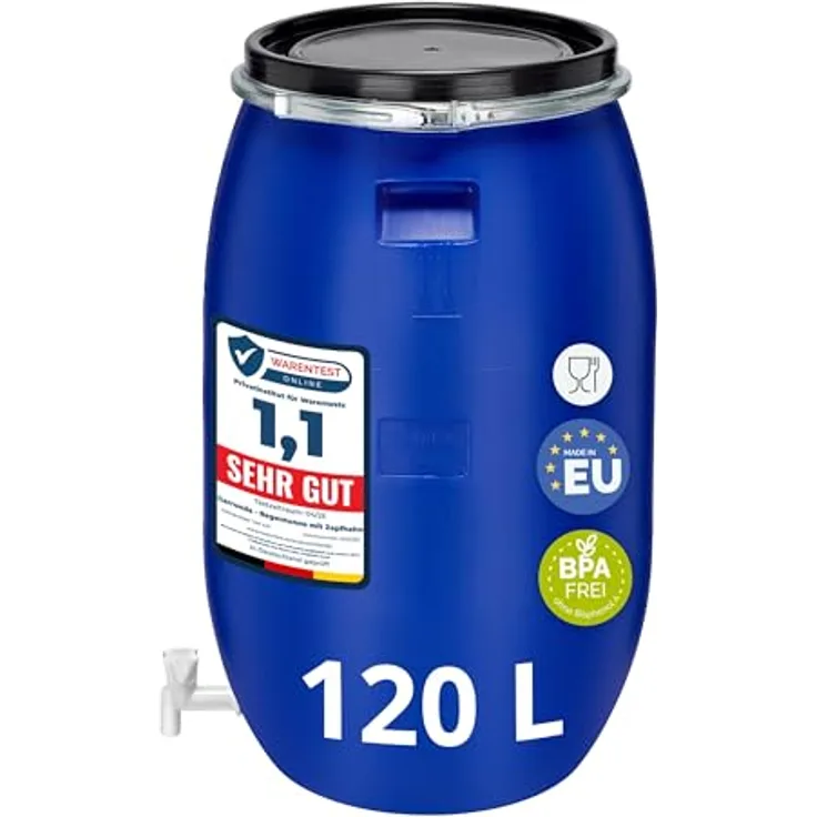 Garronda GD-0091, 120 Liter Regentonne mit Deckel und Hahn, HDPE Wasserfass in Blau, chemikalienbeständig und wetterfest