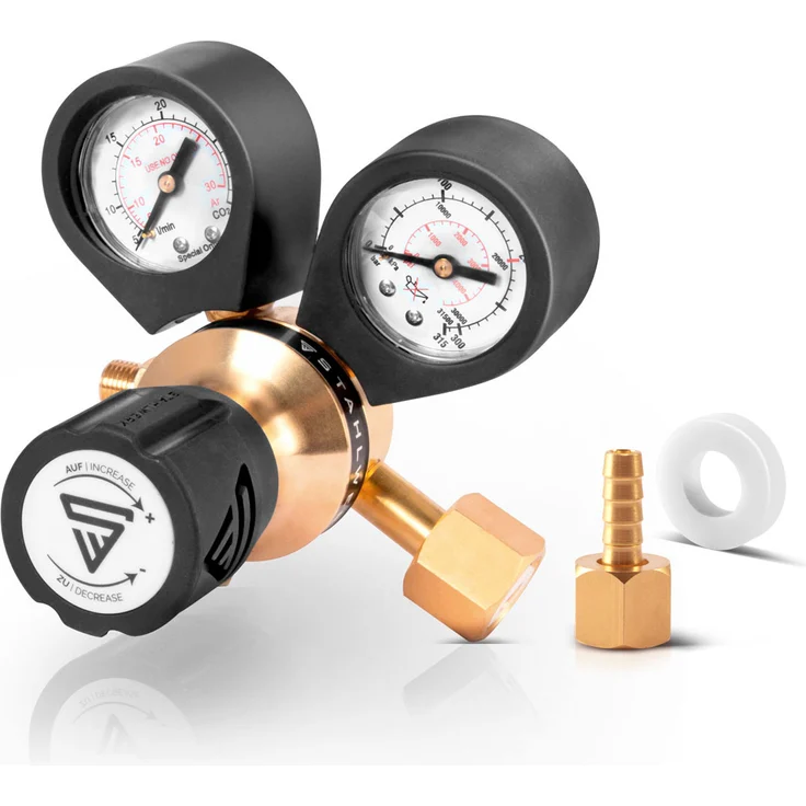 STAHLWERK Druckminderer für ARGON /CO2 / Mischgas / Schutzgas bis 200 Bar und 32 L/Min. für WIG / MIG / MAG Schweißgeräte, massive Bauweise, hergestellt nach DIN EN ISO 2503 – Bild 2